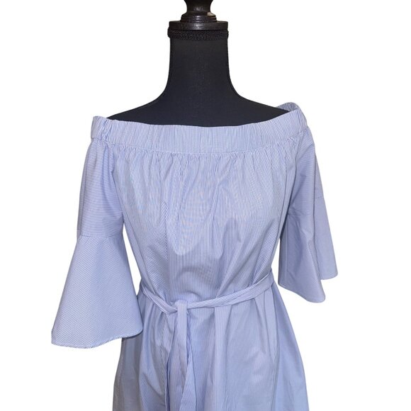 Donna Morgan Blue White Striped Off-Shoulder Dress Bell Sleeves Waist Tie Size 8 - Picture 6 of 10